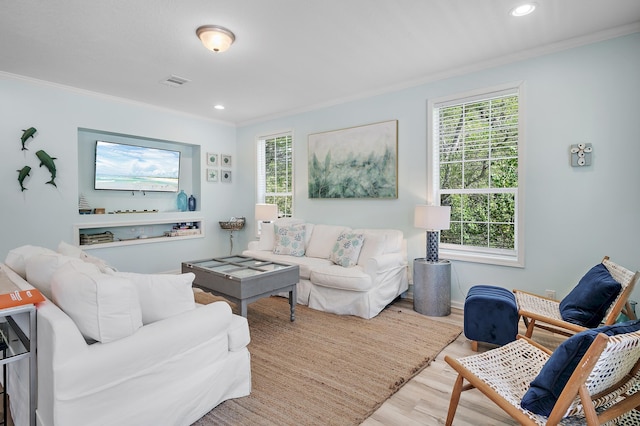 living room with ornamental molding, light hardwood / wood-style floors, and a wealth of natural light