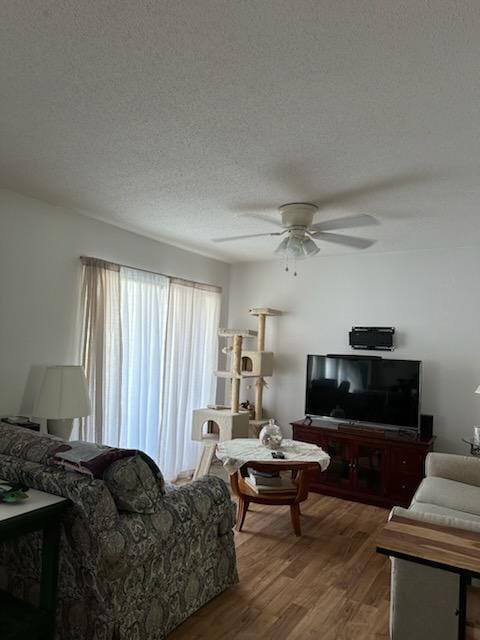 living room featuring hardwood / wood-style floors, ceiling fan, and a textured ceiling