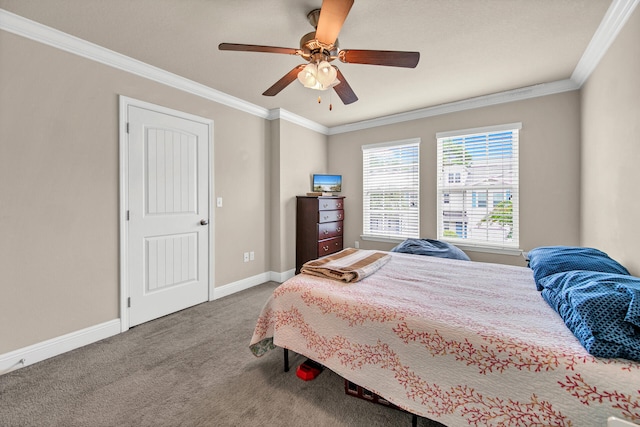 bedroom featuring crown molding, carpet floors, and ceiling fan