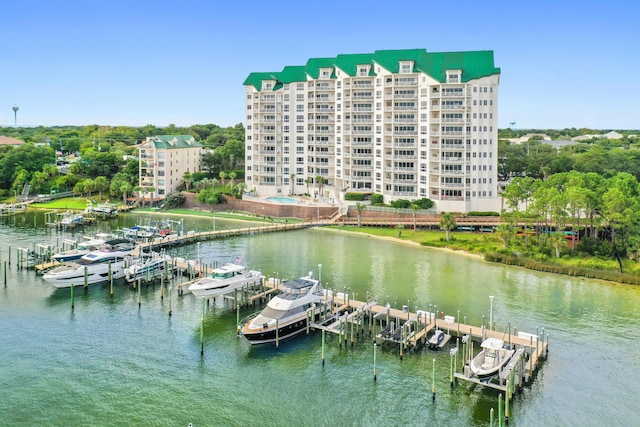 exterior space with a water view