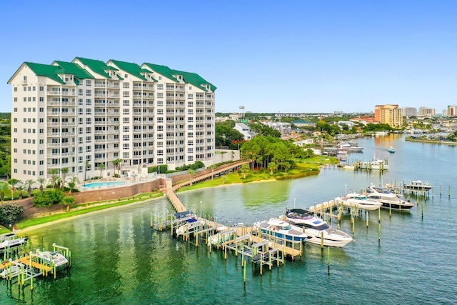 property view of water featuring a boat dock