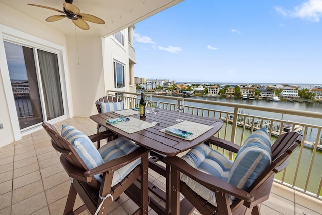 balcony featuring ceiling fan and a water view