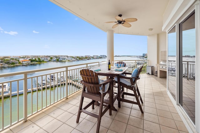 balcony featuring ceiling fan and a water view