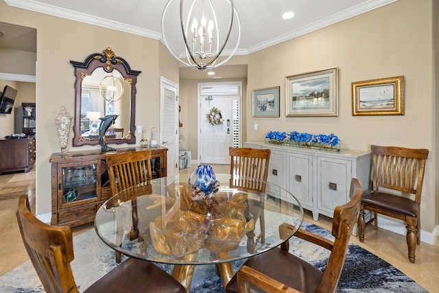 dining area featuring ornamental molding and a notable chandelier