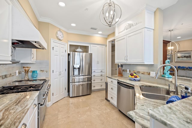 kitchen featuring backsplash, sink, white cabinetry, appliances with stainless steel finishes, and custom range hood