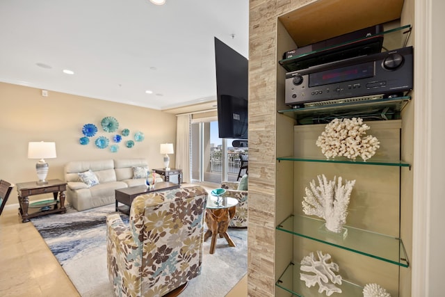 living room with crown molding