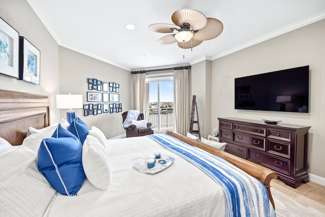 bedroom featuring ceiling fan, access to exterior, and crown molding