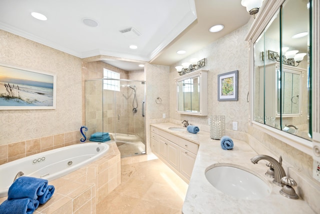 bathroom with plenty of natural light, ornamental molding, and shower with separate bathtub