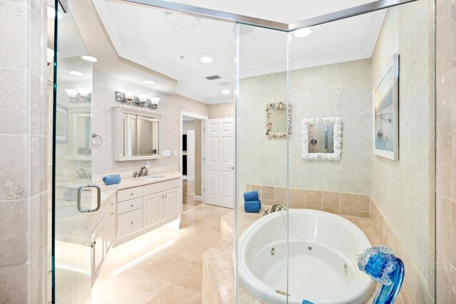 bathroom with vanity, independent shower and bath, and crown molding