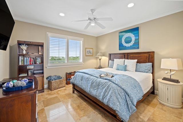 bedroom featuring ceiling fan and crown molding