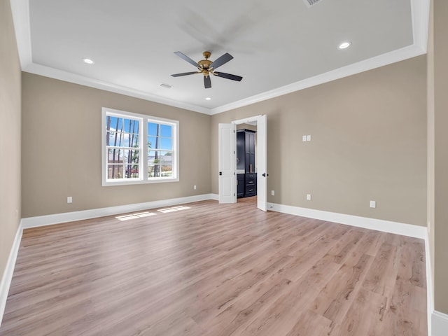 unfurnished room with baseboards, a ceiling fan, ornamental molding, light wood-type flooring, and recessed lighting