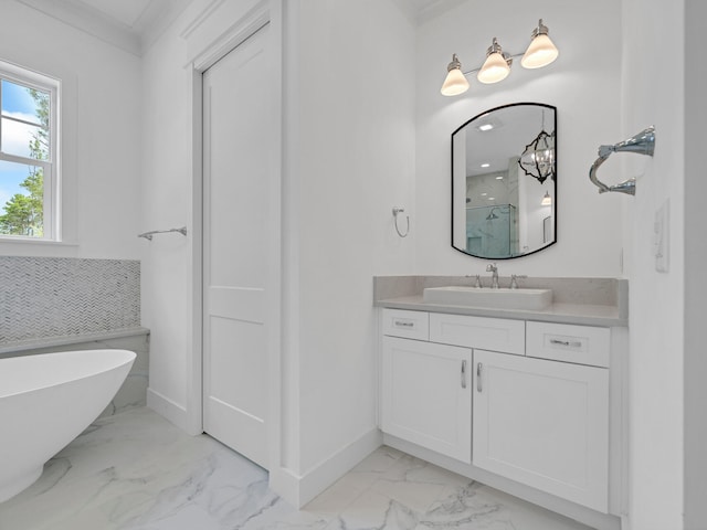 bathroom with tile patterned flooring, vanity, and ornamental molding