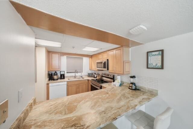 kitchen with appliances with stainless steel finishes, tasteful backsplash, kitchen peninsula, and light brown cabinets