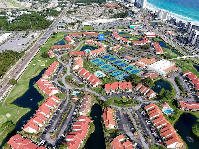 drone / aerial view with a water view