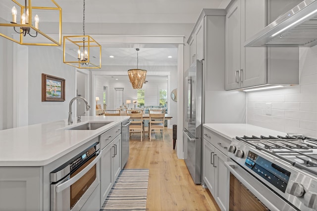 kitchen featuring sink, hanging light fixtures, wall chimney exhaust hood, an island with sink, and stainless steel appliances