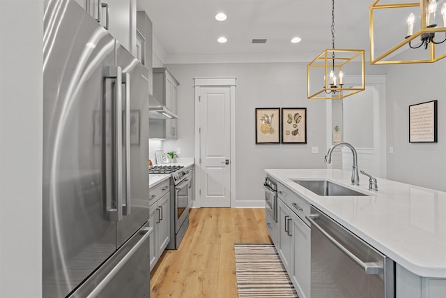 kitchen with sink, hanging light fixtures, stainless steel appliances, a chandelier, and gray cabinets