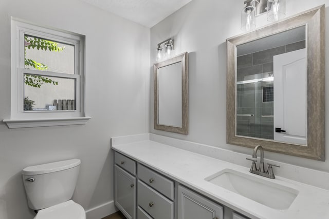 bathroom with vanity, toilet, and walk in shower