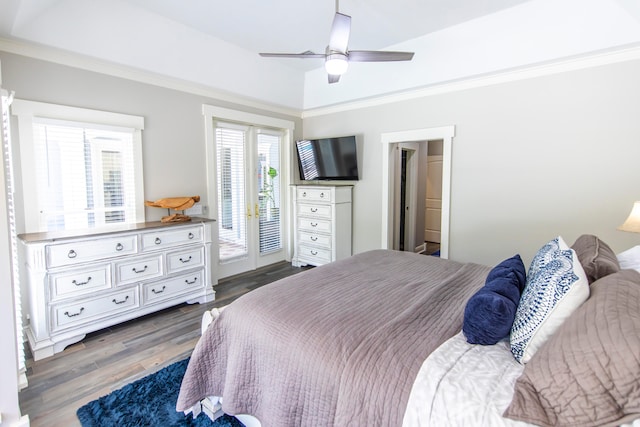 bedroom featuring ceiling fan, access to exterior, dark hardwood / wood-style floors, and ornamental molding