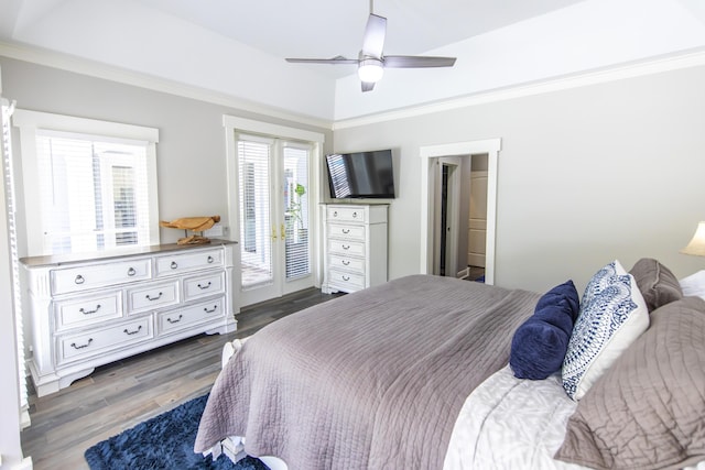 bedroom with access to exterior, crown molding, ceiling fan, and dark wood-style floors