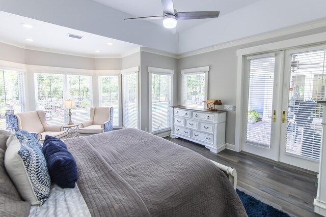 bedroom featuring access to exterior, dark hardwood / wood-style floors, ceiling fan, and multiple windows