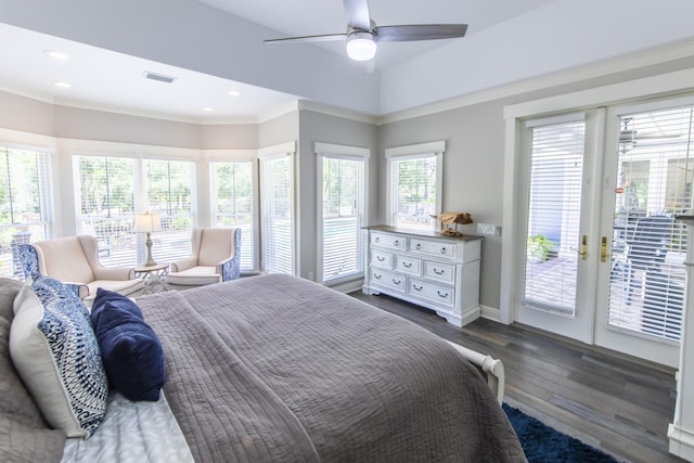 bedroom featuring access to exterior, dark wood finished floors, visible vents, ornamental molding, and ceiling fan