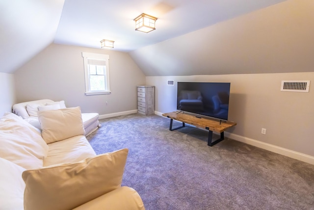 living area with carpet floors, visible vents, and baseboards