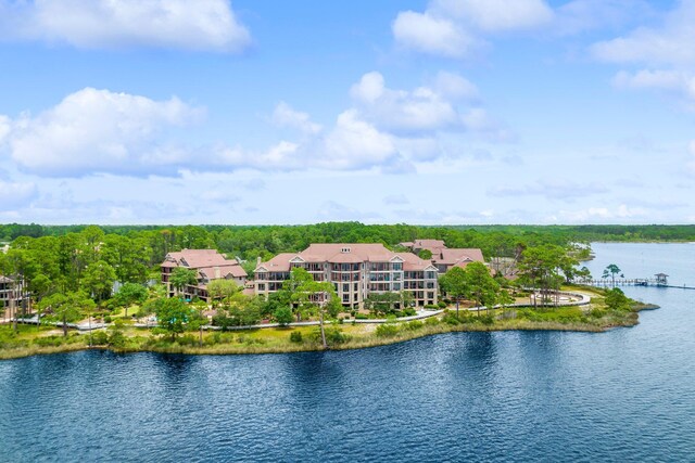 drone / aerial view with a water view