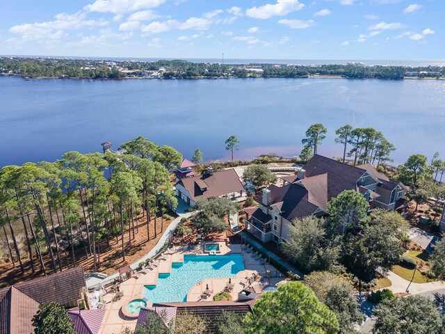 bird's eye view with a water view