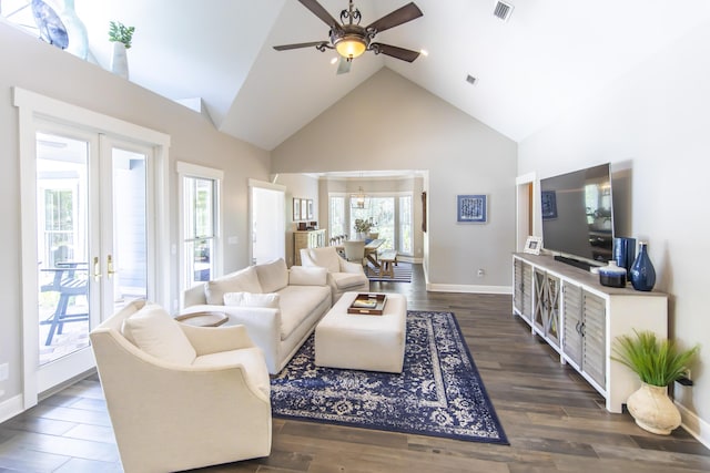 living room with high vaulted ceiling, visible vents, dark wood-style flooring, and french doors