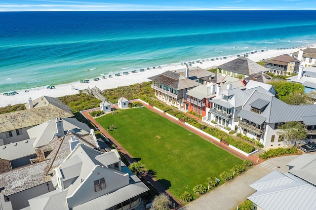 aerial view featuring a beach view and a water view