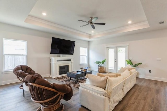 living room featuring dark wood-type flooring, a raised ceiling, and french doors