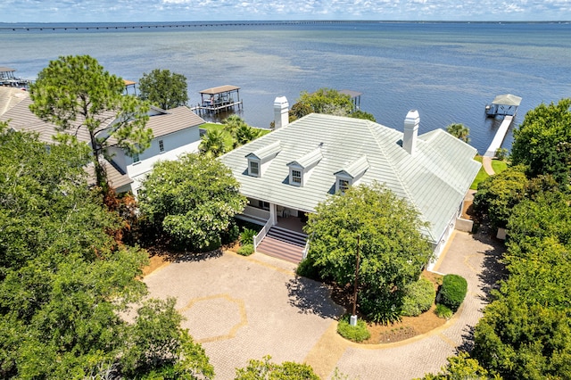 drone / aerial view featuring a water view