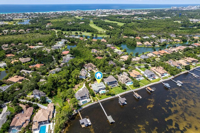 drone / aerial view featuring a water view