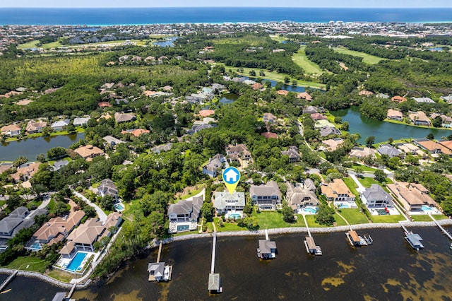 aerial view featuring a water view