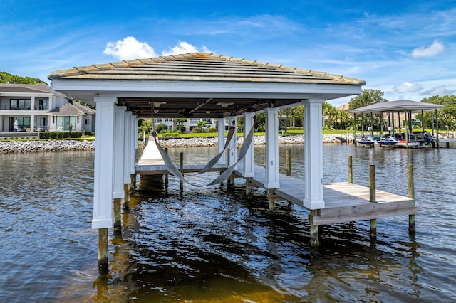 dock area with a water view