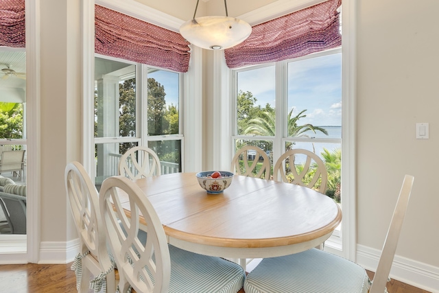 dining area featuring a water view and hardwood / wood-style floors