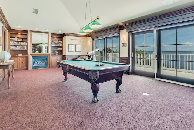 game room featuring lofted ceiling, pool table, carpet floors, and ornamental molding