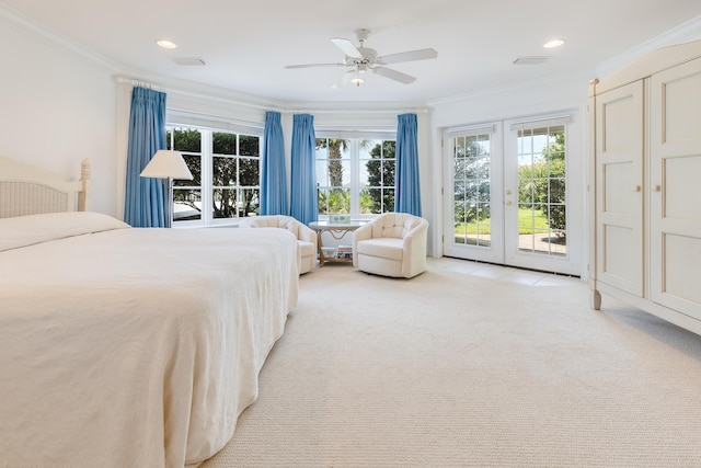 bedroom featuring ornamental molding, light carpet, access to exterior, and french doors