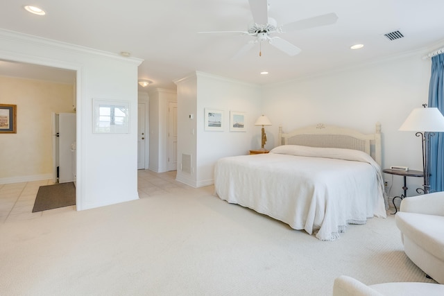 carpeted bedroom with crown molding and ceiling fan