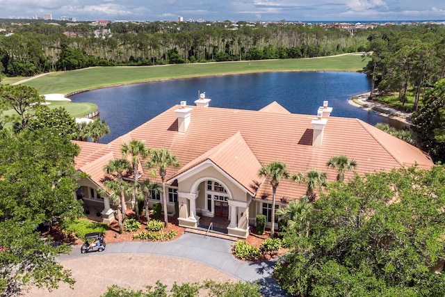 aerial view featuring a water view