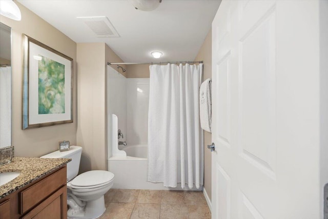 full bathroom with vanity, toilet, and shower / bath combo with shower curtain