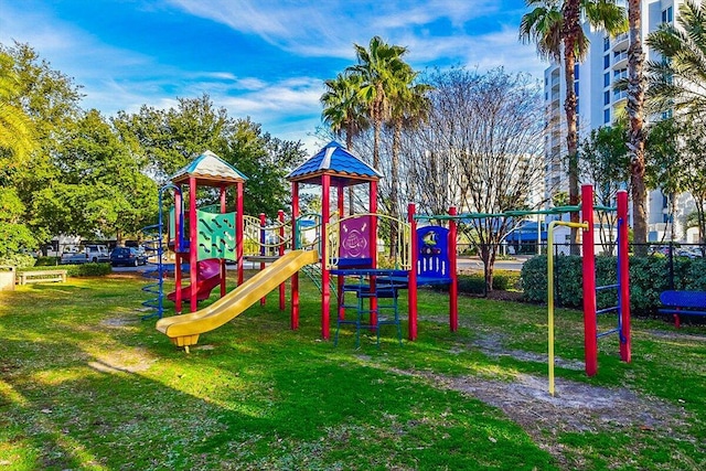 view of jungle gym with a yard