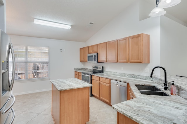 kitchen with sink, vaulted ceiling, hanging light fixtures, and stainless steel appliances