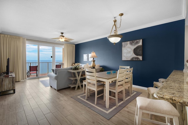 dining area featuring light wood-type flooring, ceiling fan, and ornamental molding