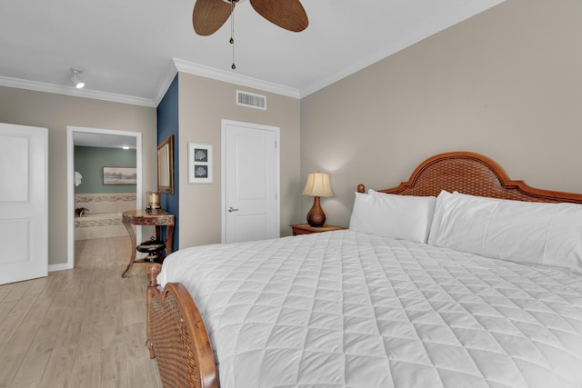 bedroom featuring ensuite bathroom, ceiling fan, light hardwood / wood-style floors, and crown molding