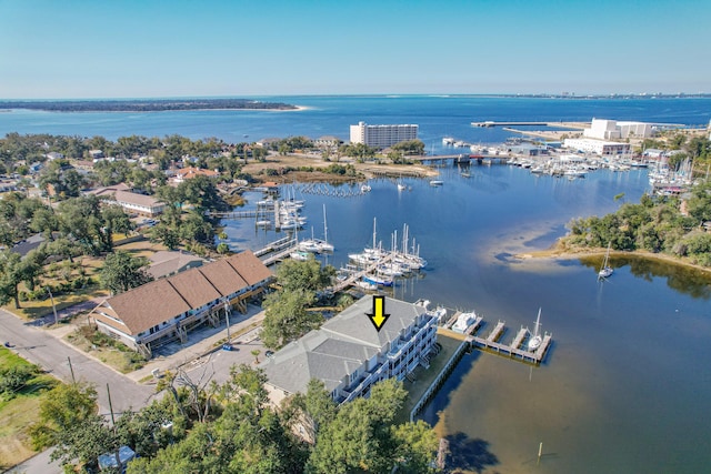 drone / aerial view with a water view