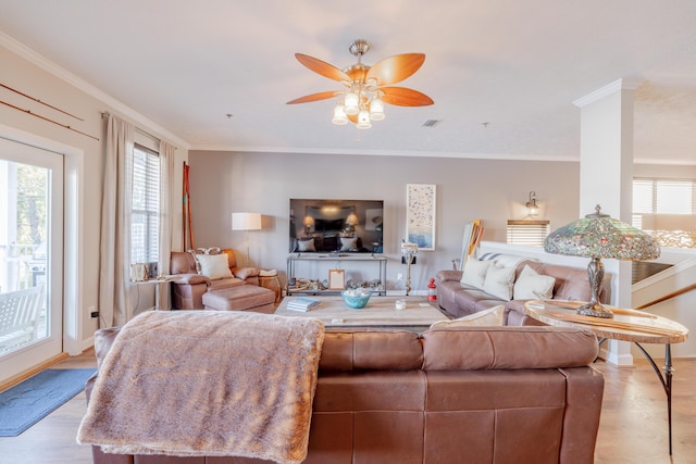 living area featuring a ceiling fan, wood finished floors, visible vents, and ornamental molding