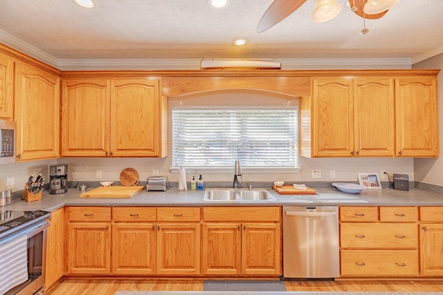 kitchen with appliances with stainless steel finishes, light wood-style floors, a textured ceiling, a ceiling fan, and a sink