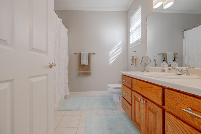 full bath with toilet, ornamental molding, tile patterned flooring, baseboards, and vanity