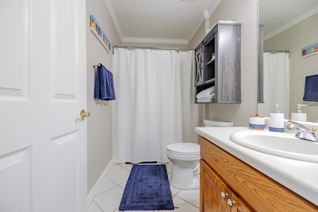 full bathroom featuring vanity, ornamental molding, tile patterned flooring, a textured ceiling, and toilet